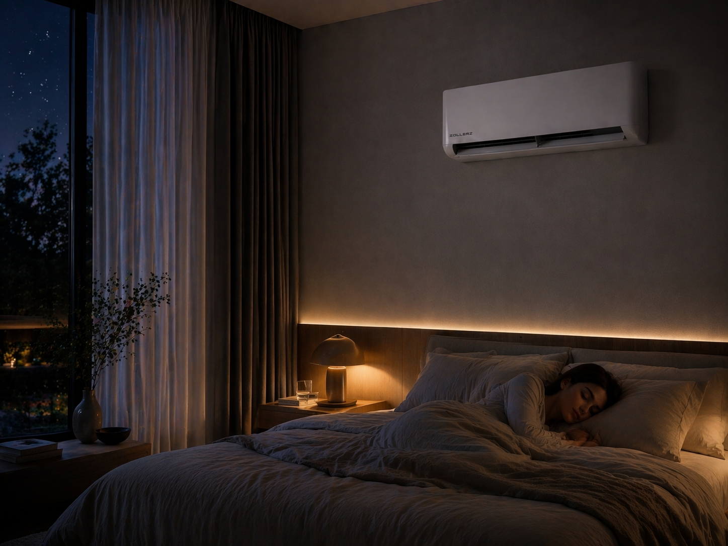 Zollerz air conditioner in a warm evening bedroom interior